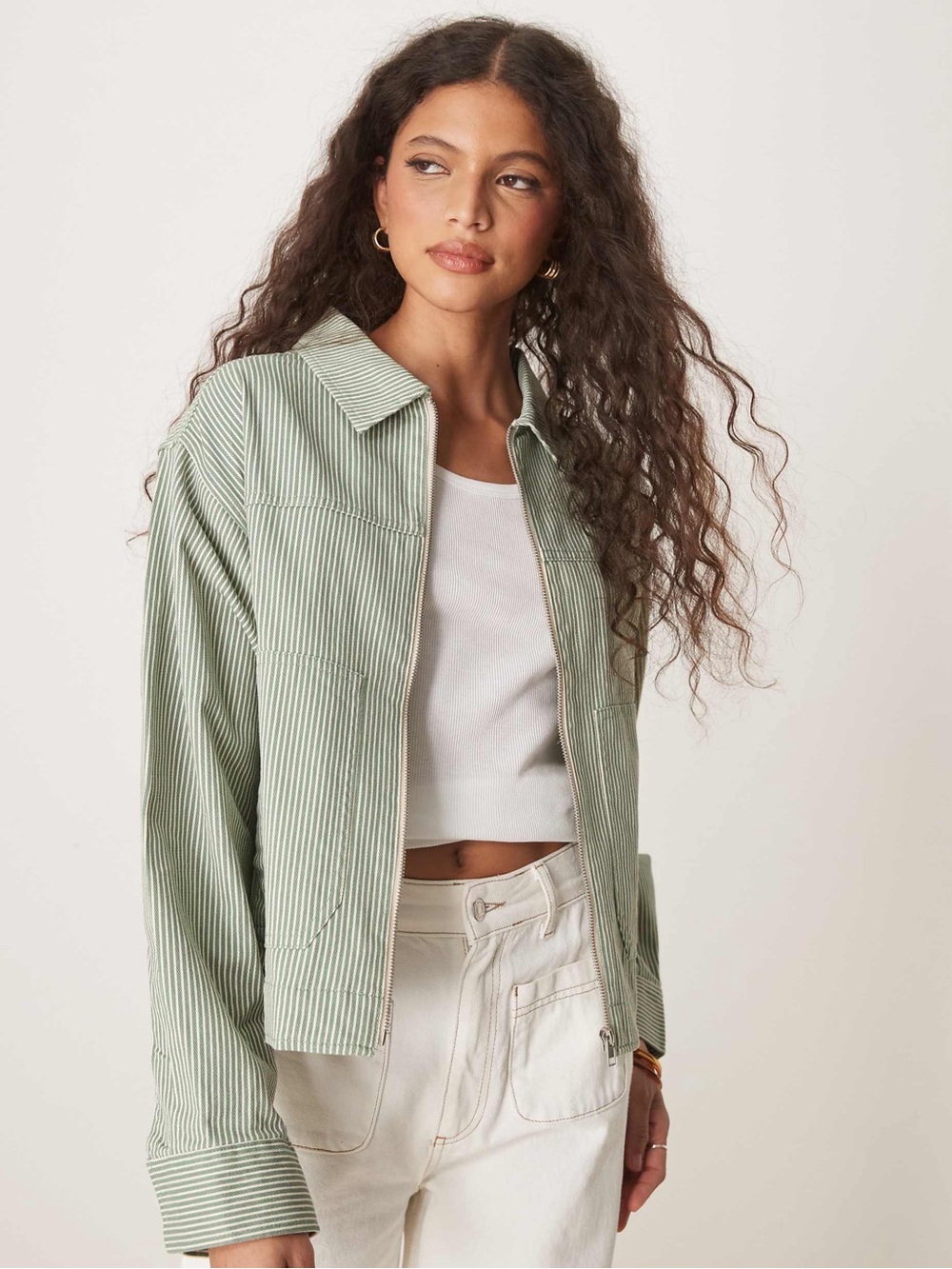 NWT ASOS Design Twill Workwear Utility Jacket Green Cream Hickory Stripe Pockets